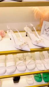 Giày cao gót max 2 hoa trắng HALEY STORE gót 7cm đính hoa đá xoàn phale quai trong mũi nhọn khóa cài đi chơi đi tiệc