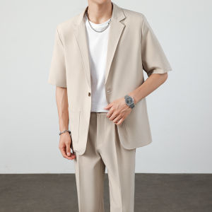 Ice Silk Mens Suit Jacket Lightweight Casual Short Sleeve Summer Thin Single-Breasted Fashionable Youth Poplin No Ironing Needed