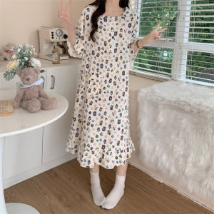 Summer Cartoon Long Sleeve Sleep Dress Women Pure Cotton Loose Maternity Nightgown Thin Cute Home Clothes Large Size