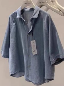 plus Size Casual Polo Shirt Womens Loose Fit Short Sleeve Denim Top Summer Design Slimming Effect Comfortable Korean Style