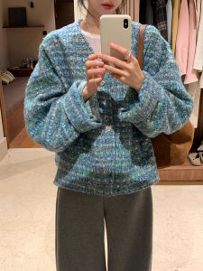 XUECAIQI | Warm Elegant Short Tweed Coat Blue V-neck