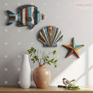 3Pcs Coastal Ocean Wooden Wall Decor Set Fish Seashell Starfish Wall Art