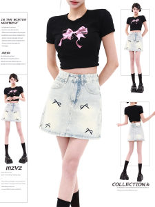 MZVZ | American Retro Rhinestone Bow Embroidered Denim Skirt