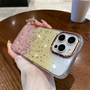 KISSCASE Luxury Gradient Stars Glitter Clear Phone Case For iphone 15 14 13 Pro Max INS Style Plating All-inclusive TPU Anti-fall Shockproof Back Cover For iphone 15 14 13
