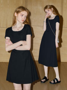 Kueinmaui Square Collar Short Sleeve Dress Womens Summer 2025 New Hepburn Style Little Black Dress Optional Length