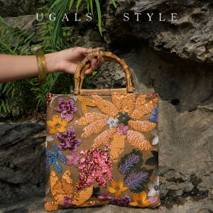 UGALS | Chinese Style Floral and Bamboo Embroidered Beaded Shoulder Tote Bag