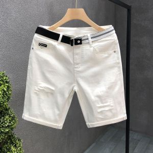 Trendy White Mens Shorts 2025 Summer New Hole Repair Slim Straight Denim Five-Point Casual No Elastic Horse Pants
