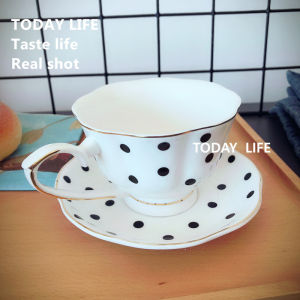 Black White Hepburn Style British Polka Dot Gold Embossed Bone China Tea Pot Coffee Pot Water Pot Coffee Cup Plate