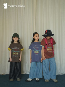 YummyRocky Machine-Weaved AB-Sided Dual-Color A-Class Worn Digital Print Cuffed Short-Sleeve Parent-Child T-Shirt Casual Loose Fit Cotton Polyester