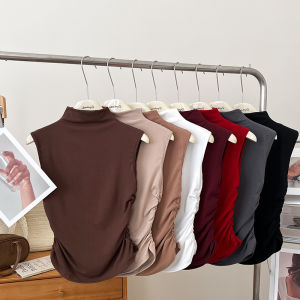 Fashionable Versatile Half High Collar Pleated Slimming Short Sleeveless Vest Womens Base Shirt Top Casual Style Cotton Fabric