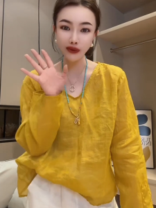 Elegant V-neck Long Sleeve Womens Shirt Lightweight Linen Sun Protection Casual Fashion Summer Trend Skin-friendly Breathable