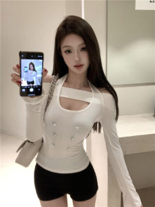 GUZILIAN | เสื้อชั้นในแขนยาวคอวีเซ็กซี่สำหรับผู้หญิง ทรงสลิมฟิต เสื้อชั้นในฤดูใบไม้ผลิและฤดูใบไม้ร่วง ดีไซน์เก๋ไก๋ กระชับสัดส่วน เสื้อชั้นในสุดเท่