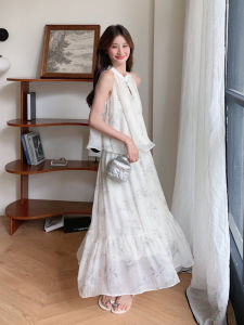 Loose Fit Sleeveless Neck Hanging Shawl Chinese Ink Painting Design Half Skirt Transparent Two-Piece Set for Young Women