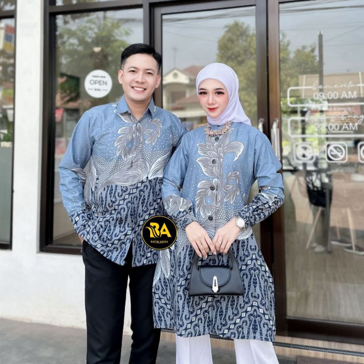 Couple Tunik Anggrek Blue Katun Seragam Batik Tunik Wanita Kerja Kantoran Jumbo Lengan Panjang