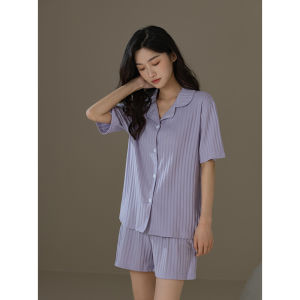 me home wear | Padded Striped Cotton Short Sleeve Pajama Set