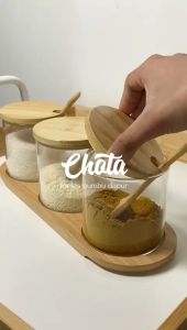 【RUMATIDY】CHOTA Tempat Bumbu Dapur Borosilicate 3in1 Dengan Alas Tatakan dan Sendok Kayu Toples Bumbu Garam Gula Merica