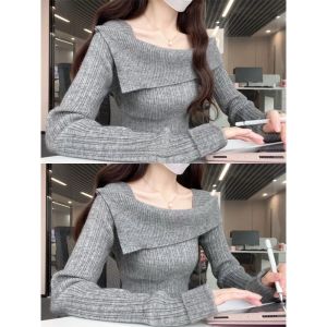 เสื้อสเวตเตอร์คอวีสีเทาสำหรับผู้หญิง ฤดูใบไม้ร่วง 2025 ชุดทำงานสไตล์เกาหลี ทรงสลิมฟิต แขนยาว ปกติ