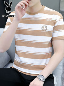 เสื้อยืดแขนสั้นเพลย์บอยหลวมพอดีสําหรับผู้ชายฤดูร้อนมีสไตล์ผ้าบางครึ่งแขนลําลองเยาวชนคอกลมยอดนิยม