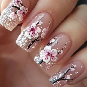 Short Medium fake nails pink peach flowers with sparkling glitters for Spring summer Square almond tips press on false nail art