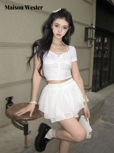 Maison Wester2025 Summer New Simple Style White Long Butterfly Knot Heart Collar Half Sleeve Womens T-shirt round Neck Short Length