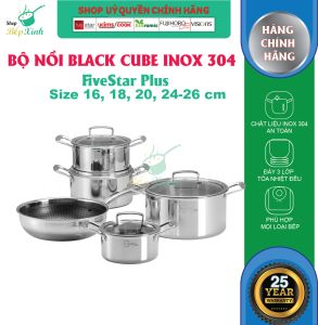 Bộ nồi chống dính 3 lớp đáy liền khối inox 304 BlackCube Fivestar Plus nắp kính công nghệ chống trầy xước  dùng được mọi bếp
