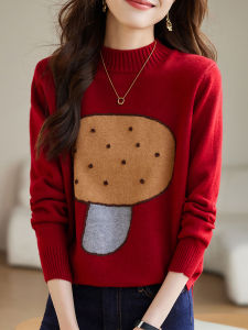Womens Knitted Wool Sweater Red Loose Fit Half High Collar Fashionable Base Layer Top for Autumn Winter New Year Korean Style