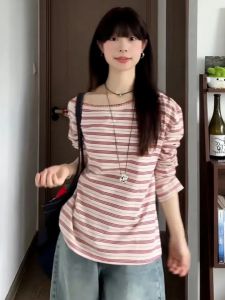 YUEZHONGWEI | Color Block Striped Irregular Shoulder Long Sleeve T Shirt