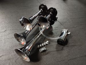 แตรลมไฟฟ้า ดังจัด แตร4ปากเงาทรงสวย ไม่ต้องใช้ถังลม ระบุใช้กับไฟรถมี12v./24v. พร้อมติดตั้ง