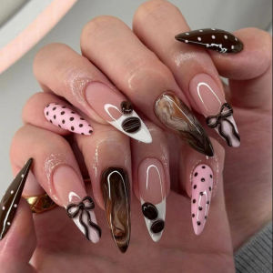 3D fake nails for women girls gradient brown blue pink polka dots star flowers coffee beans strips design press on false nail