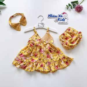 Váy 2 dây hoa hồng đỏ cho bé gái từ sơ sinh - 12kg Chất Lụa Mềm Mát [V040]