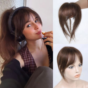 Human Hair Wispy Bangs Natural Black Clip In Air Bangs Fringe with Temples Remy Hairpiece for Women Brown French Bangs