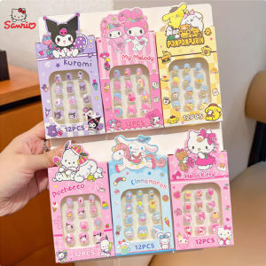 Anime Hello Kitty12Pcs Kuromi Melody Pochacco Kids False Nail 11-15Mm KT Cat Short Fake Nail Tips Press On Nail Girl Tips Gifts