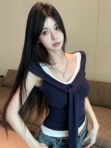 GUZILIAN | Vintage Shoulder Bicolor Splicing T-shirt Womens Short Style Slimming Top Korean Commute Style Small Audience Design Sense