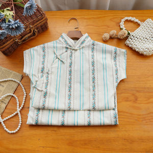 Retro Striped Cheongsam Full Open Collar Lightweight Summer New Arrival Elegant Feel Young Girl Short Sleeve Low Slit