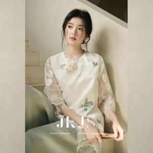 JK&JS | New Chinese Style Jacket Outerwear Heavy Embroidery Side Buttoned Vest JKJS National Color Splendor Round Neck Regular Length
