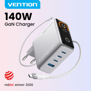 Vention | Vention 140W GaN Fast Charger with 3 Type-C and 1 USB-A Ports Smart Display Foldable Plug PD Charger for iPhone 17 16 Xiaomi