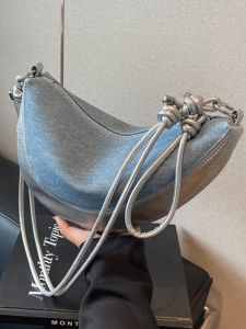 Fashionable Summer 2025 Womens Underarm Saddle Bag Casual Denim Crossbody Bag Soft Square Shape PU Material Young Audience