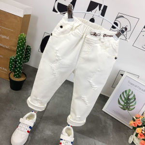 Boys Casual Thin Cotton Trousers White Hole Spring Fashionable Korean Style Childrens Long Pants Comfortable Breathable Spring Wear