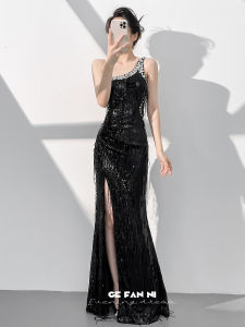 Black Single Shoulder Elegant Evening Gown Mermaid Style