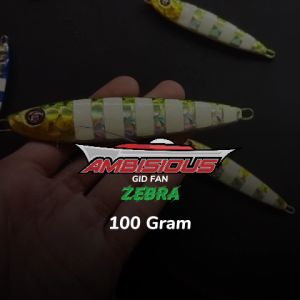 Umpan Metal Jig 100 Gram MONGKALO AMBISIOUS GID: Zebra Glow In The Dark Sisik Besar Micro Jig 100g