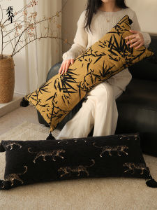 New Chinese Style Retro Tassel Long Waist Pillow Bamboo Leaf Leopard Print Sofa Living Room Couch Pillow Detachable Cover