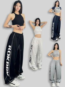 ROKBBK-K Womens Street Fashion Athleisure Pants Loose Cotton Hip Hop Jazz Dance Trousers Side Printed For Street Sports