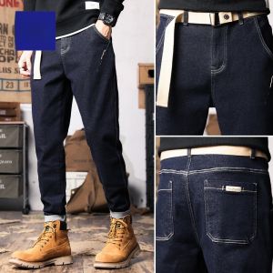 ROMON | Lormen Mens Fleece Lined Straight Leg Jeans Thick Winter Casual Black Elastic Loose Fit Long Trousers Trendy Youth Style