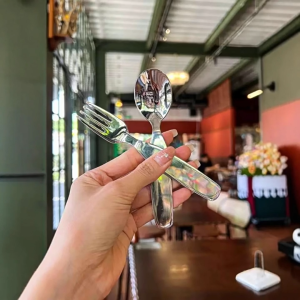 OFM-C1404 Sendok Garpu Makan Anak Stainless Pegangan Pendek Sendok Makanan Penutup Anti Karat