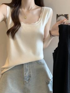 French Lace Square Collar Knitting Ice Silk Camisole Female Outwear Summer Plus Size Plus Size Ladies Slim Looking Belly Covering Inner Wear Blouse