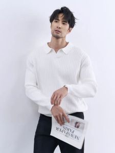 Fashion Lapel Knitting Polo Shirt Mens Fancy Silm Long Sleeves Sweatshirt V-Shaped Overlapping Collar Cotton Knitwear Paul Woolen Sweater