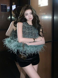 Áo Len Dệt Kim Cổ Tròn Dài Tay Màu Xanh Lá Cây Thời Trang Thu Đông Cho Nữ Áo Khoác Ngoài Bằng Lông Ngỗng Màu Vàng Sang Trọng