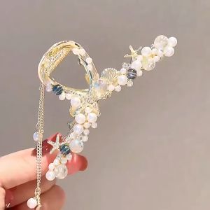 [FinessE] Ngọc trai tua tóc Clip Sao Biển kẹp tóc vuốt tóc Rhinestone cá mập Clip đồ trang sức