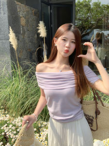 MENGBAI | Áo Thun Slim Fit Màu Tím Off-Shoulder