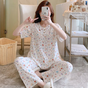 Summer Poppin Pajamas Womens Cute Thin Cotton Silk Short Sleeve Trousers Suit Spring and Autumn Loose plus Size Homewear